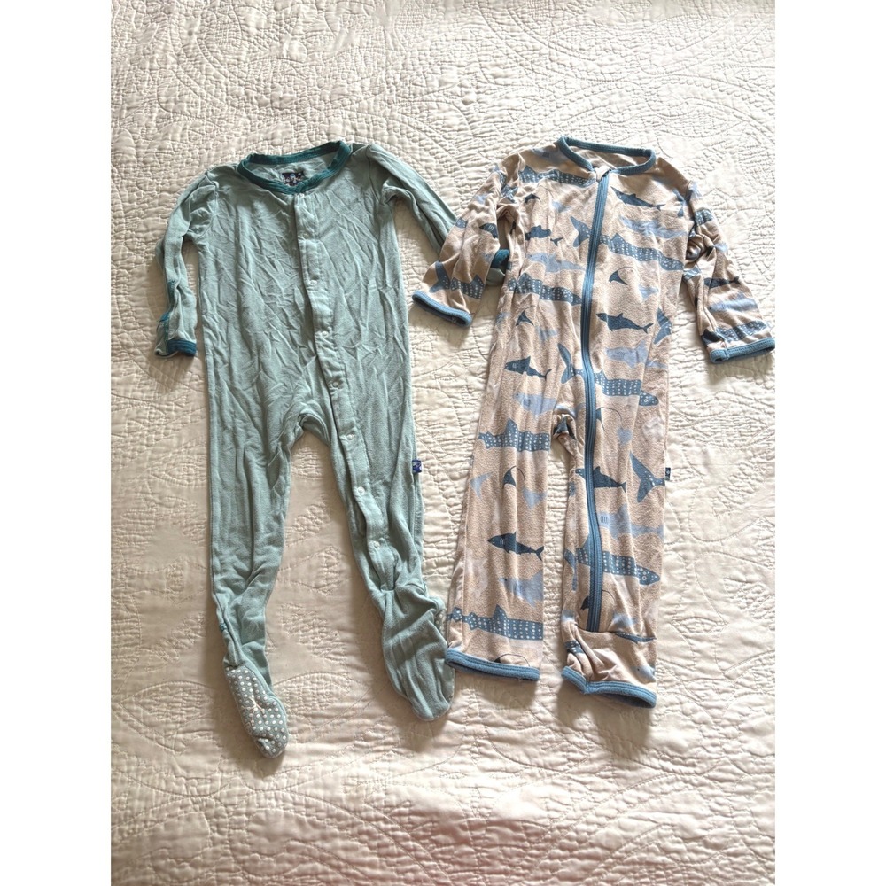 Kickee Pants 6-9 Months Bamboo Bundle Viscose Romper Shark &‎ Sage Green